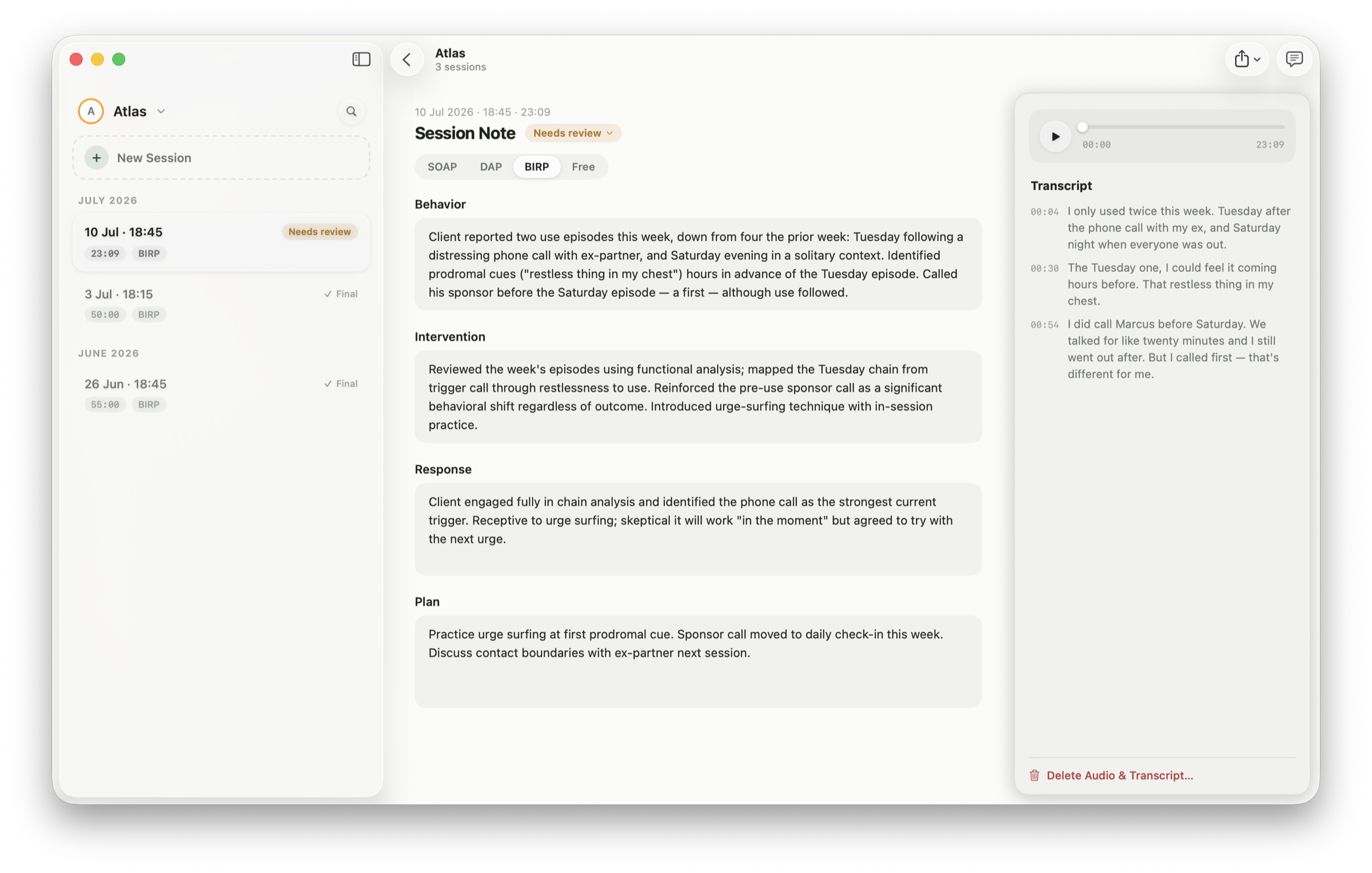 Kimitsu — a BIRP session note beside the session transcript and audio player